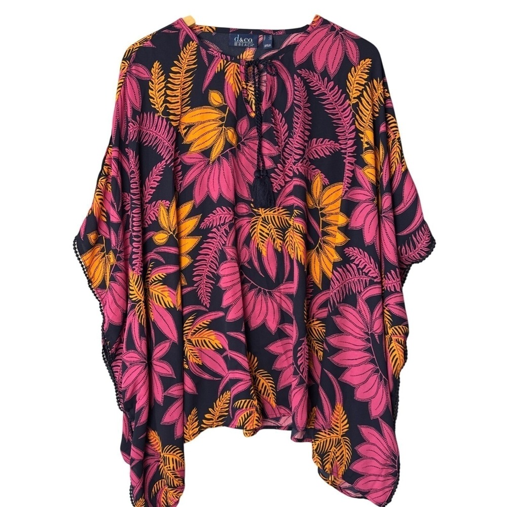 d&co. BEACH Kaftan Women M/L Navy Pink Tropical Fern Tassel Swim Cover Up Top